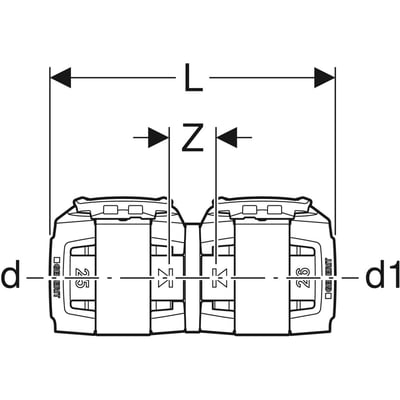 Teknisk tegning af Geberit FlowFit overgang med dimensioner angivet med pile og bogstaver.