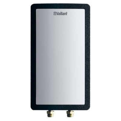 Vaillant Elpatron til aroTHERM luft/vand-varmepumpe med et rektangulært, sølvfarvet panel og sort ramme.