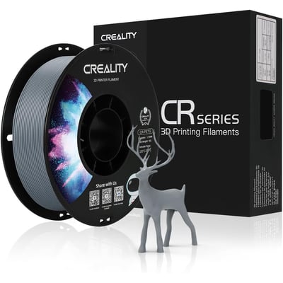 Creality CR-PETG-filament i grå på spole ved siden af emballage og en grå 3D-printet hjort; 1,75 mm, 1 kg.