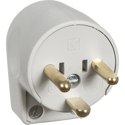 Lauritz Knudsen 16A vinkelstikprop LMJ til hospitalsbrug med isoleret aflastningsbøjle og messingstifter.