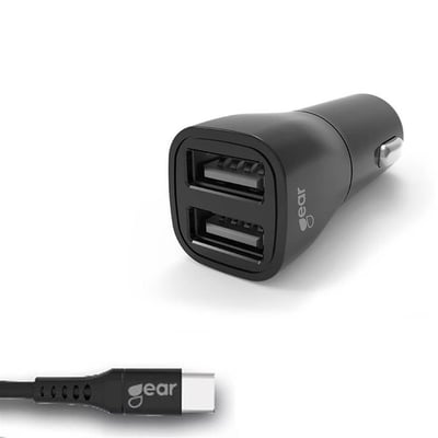 Sort kompakt 12V biloplader med to USB-A porte og et medfølgende USB-A til USB-C kabel.