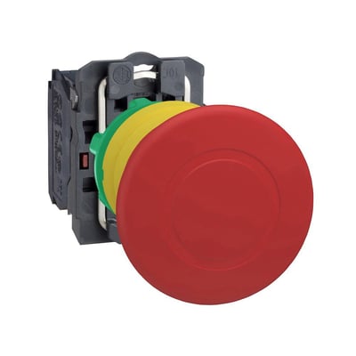 Schneider Electric nødstop XB5 med 40 mm rød trykknap og 1xNC kontaktelement på isoleret baggrund.