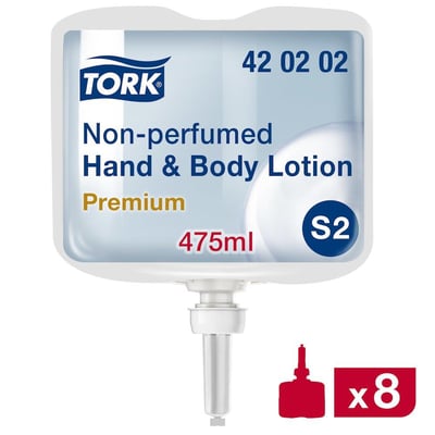 Tork Hand & Body Lotion S2 Premium refill patron med 475ml indhold og S2 mærkning, klar til Tork dispenser.