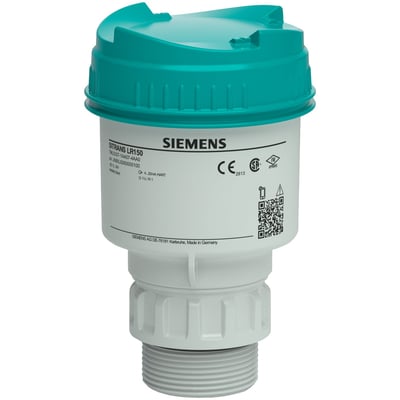 Siemens SITRANS LR140 radartransmitter med turkisgrøn låg og hvid krop, med tydelig mærkning og tilslutningsgevind.