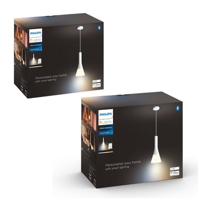 To pakker af Philips Hue Explore pendel hvid ambiance lampe med dimmer switch, der viser pakningerne fra siden.