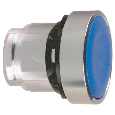 Schneider Electric trykknap, blå, 22mm diameter, vist med monteringsbeslag og en smule af den interne mekanisme.