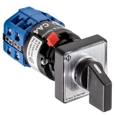 Kraus & Naimer 2-polet afbryder med 0-1 funktion og sort greb, monteret på en blå terminalblok.