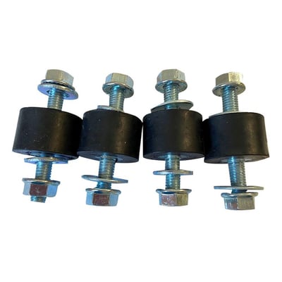 Svingningsdæmper med M8 gevind, 30mm diameter og 20mm højde, lavet af kraftigt gummi med galvaniserede gevindstykker, sat sammen i et sæt af fire stk.