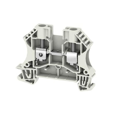 Hvid Weidmüller WDU6 WS-gennemgangsklemme til 6 mm² med to skruetilslutninger, vist med synlig indmad.
