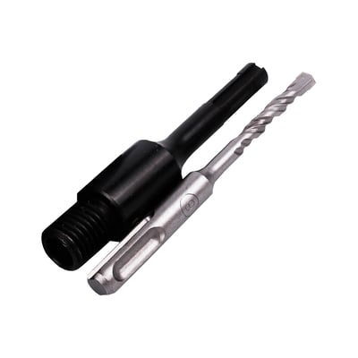 Distar SDS-Plus adapter med M16 gevind og tilhørende centerbor til diamantdåsesænkere, isoleret på hvid baggrund.