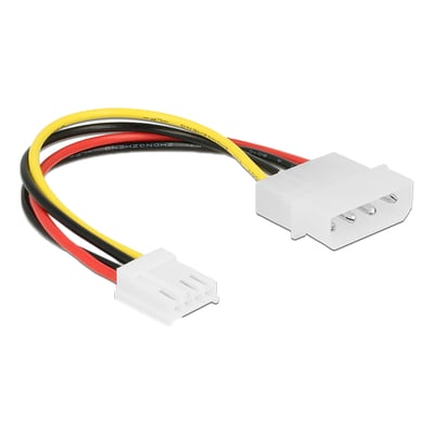 Delock 15 cm strømkabel med 4-polet han til 4-polet floppy hun-stik, med røde, sorte og gule ledninger.