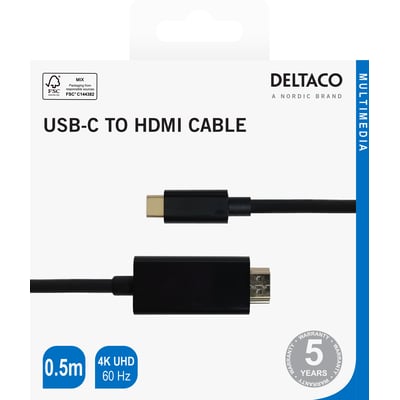 Deltaco USB-C til HDMI-kabel i sort med forgyldte stik og 4K UHD vises på emballagen.