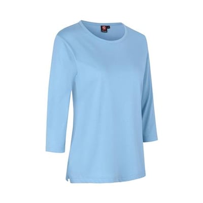 Lyseblå ID Identity T-shirt til damer med 3/4 ærmer og rund hals, vist på hvid baggrund.