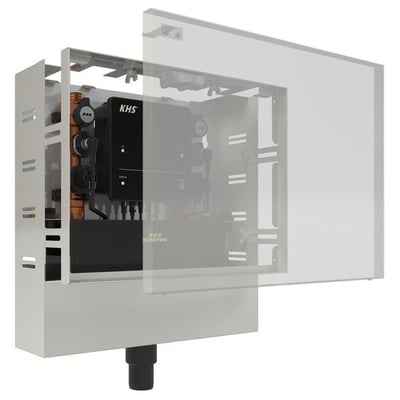 Kemper KHS PRO hygiejneskyl med to tilslutninger og gennemstrømningssensor, vist med åben front og interne komponenter fremhævet.