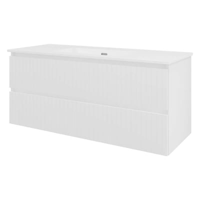 Sanibell Proline møbelsæt 121x46 cm i mat hvid med to lodrette, grebsfrie softclose skuffer og en integreret vask.