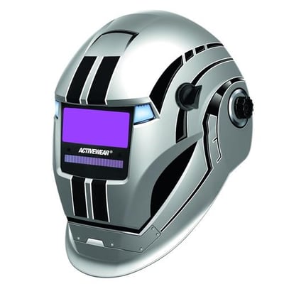 Activewear svejsehjelm 725 med automatisk svejseglas, sølvgråt og sort design samt lilla visir.