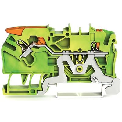 Wago 2-leder-jordklemme i grøn-gul, 2,5 mm2, med synlig Push-in CAGE CLAMP teknologi og testport.