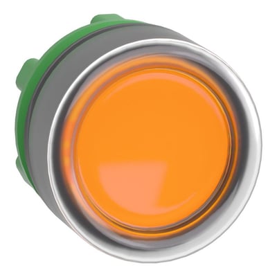 Schneider Electric ZB5 LED lampetrykhoved i gul farve med metalring, vist på hvid baggrund.