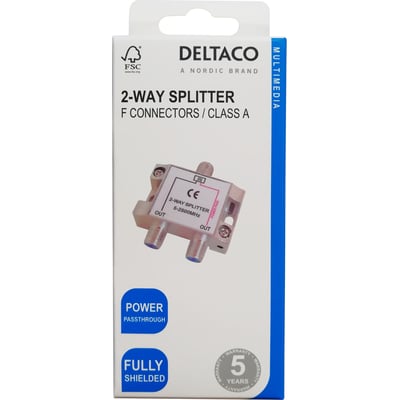 Forsiden af emballagen til Deltaco 2-vejs splitter med F-stik, Klasse A og én DC-pasudgang.