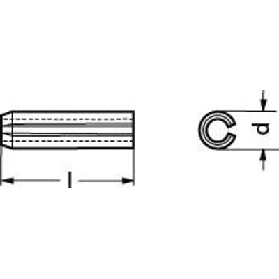 Teknisk tegning af en ubehandlet rørspændestift 4x14 mm, DIN 1481 standard, med dimensioner angivet.