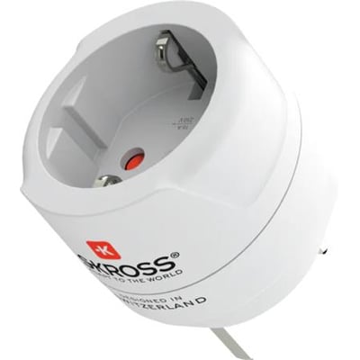 SKROSS rejseadapter fra Europa til Storbritannien, hvid, med plads til Schuko- og Euro-stik på den ene side og britisk stik på den anden.