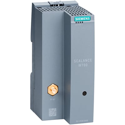 Siemens Scalance W761-1 RJ45 IWLAN access punkt, grå enhed med R-SMA antenne tilslutning og synlige indikatorlys.