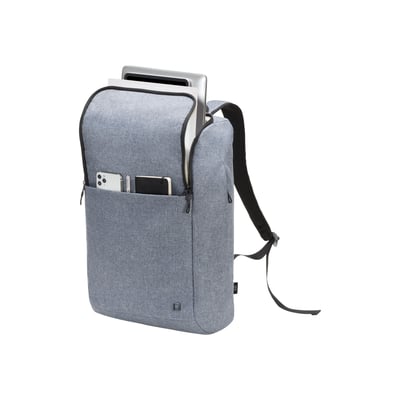 Dicota Eco Backpack MOTION 13 - 15.6” i Blue Denim, med en bærbar computer, smartphone og notesbog synlige i åbne lommer.