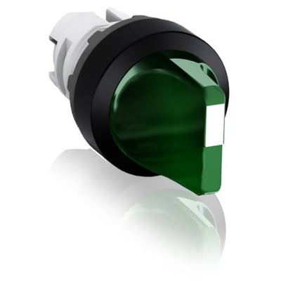 ABB drejegreb med grøn lampe og kort greb, Ø22 mm trykknapshoved med to stillinger på hvid baggrund.