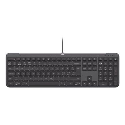 Logitech Signature Slim Wired K620 for Business-tastatur i mørkegrå med numerisk felt og ledning, set forfra.