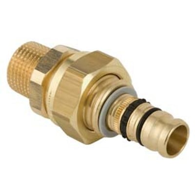 Geberit Mepla RG-union med nippel, 40 mm x 1½″, set skråt fra siden med gevind og tilslutningsende synlige.