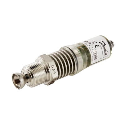 Danfoss væskestandsonmskifter LLS 4000 med G 3/4 tommer gevind og transparent hus, vist på hvid baggrund.