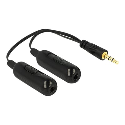 Sort DeLock-lydsplitterkabel med 3,5 mm jackstik han og to 3,5 mm stereo-jackstik hun.