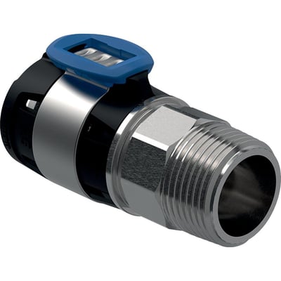 Geberit FlowFit overgang, 25mm x 3/4", fremstillet af skinnende CrNiMo-stål med sort plastdetalje og blå låsering.