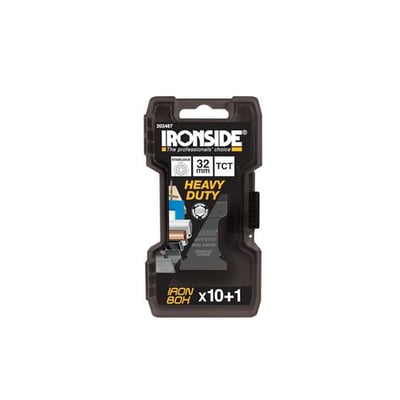 Emballagen til Ironside savklingesæt til multicutter viser en sort plastkasse mærket 32 mm, Starlock og 10+1 karbidblade.
