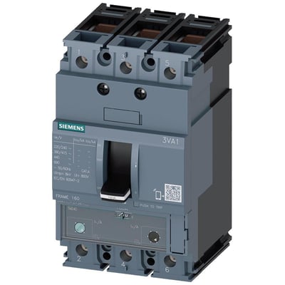 Siemens 3VA1 3-polet maksimalafbryder, 20A, med 25kA brydeevne, vist med betjeningshåndtag og mærkater.