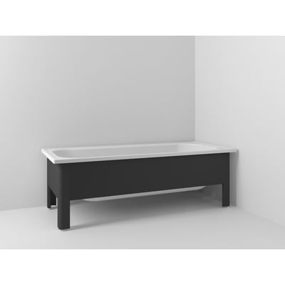 Svedbergs badekar 1260, 1600x700 mm, sort emaljeret stål, installeret i et hjørne med hvidt interiør.