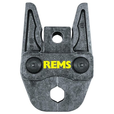 Nærbillede af en REMS V presstang, type V42, med fokus på den præcisionsbearbejdede kontur og gul REMS logo.