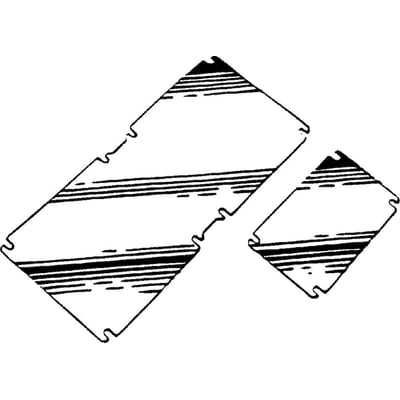 Illustration af to Fibox montageplader i aluzink, med markeringer der viser formen og tilpasningen.