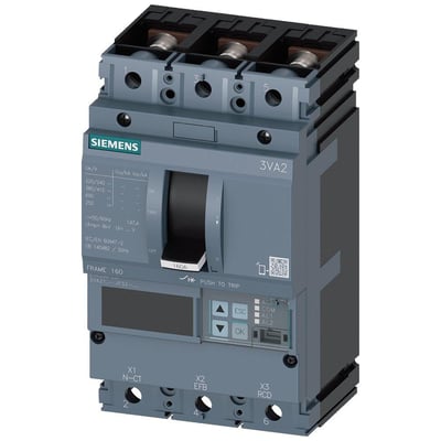 Siemens 3VA2 maksimalafbryder, 160A, 3-polet, med grå front og tydelig betjeningsgreb samt digital skærm til ledningsbeskyttelse.