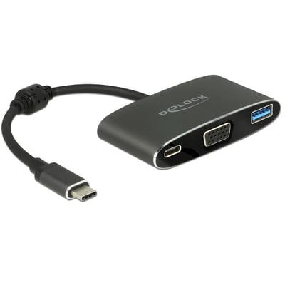 Sort DeLock USB-C til VGA-adapter med USB-A-port, USB-C PD-port og fast kabel med USB-C-stik.