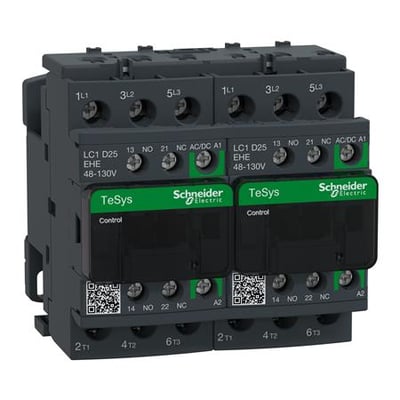 Schneider Electric TeSys D Green kontaktor for revers, 3-polet, 25A, 48-130V AC/DC, viser tre forbundne moduler med klare mærkninger.