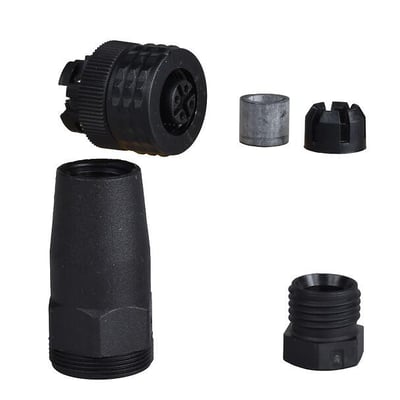 Telemecanique Sensors lige 4-polet M12-hunstik med Pg7, vist adskilt i sorte stik- og kabelindføringsdele.