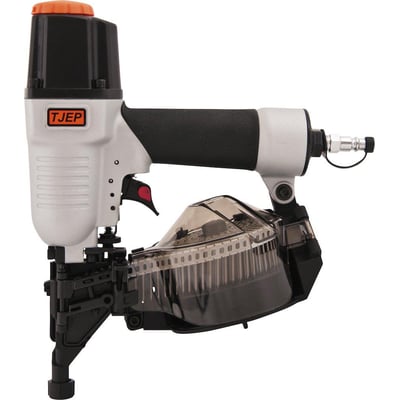 Tjep Tromlesømpistol MX-50 i sølv og sort med orange top og gennemsigtigt magasin, velegnet til facadebeklædning og trærammer.