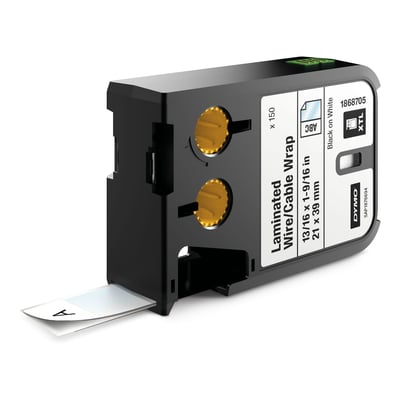 DYMO XTL lamineret mærkat til ledninger og kabler, 21 x 39 mm, sort på hvid, vist i sort kassette med etiketstrimmel.