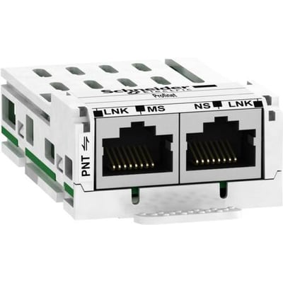 Schneider Electric ProfiNet kommunikationskort med to RJ45-porte og statusindikatorer, designet til frekvensomformere.