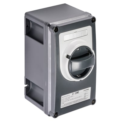 Kraus & Naimer reparationsafbryder KG41.T med gråt kabinet og sort/gråt drejehåndtag, klar til ATEX/EMC installationer med IP66 klassificering.