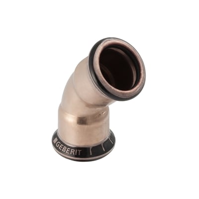 Geberit bøjning 45 grader til 88,9 mm presrørssystemer i kobberfarvet metal med sort muffe og Geberit logo.