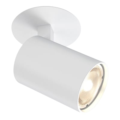 Astro Lighting Ascoli indbygningsspot i mat hvid med rund loftsring og kipbart, cylindrisk lampehoved set skråt forfra.