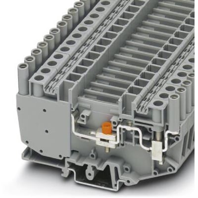 Phoenix Contact URTK/SP måletransformerskilleklemme med skruetilslutning, der viser en række grå terminaler og en orange betjeningsknap.