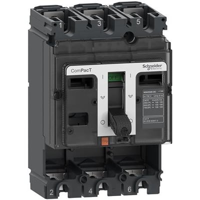 Schneider Electric 3-polet maksafbryder NSX160S DC med mærket 'OFF' og en sort drejehåndtag på hvid baggrund.